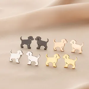 Vista detallada de pendientes de botón con cachorro bonito en acero inoxidable pulido varios colores.