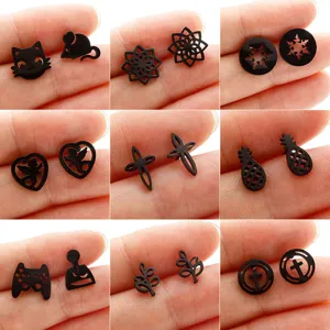 Stainless Steel Asymmetric Stud Earrings Hollow Out Cat Mouse Mandala Snowflake Earrings Geometric Jewelry For Unisex