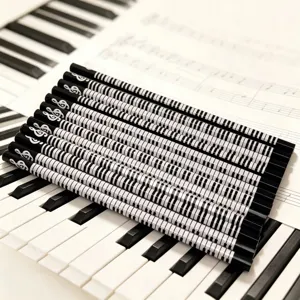 Close-up detail of music theme HB pencils with piano keys pattern on a piano keyboard.