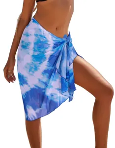 Blauer Batik Strand Sarong, leichten Chiffon Bikini Wickelrock für den Sommerurlaub.
