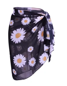 Schwarzer Strandwickelrock aus Chiffon mit hübschem weißem Gänseblümchen-Blumendruck.