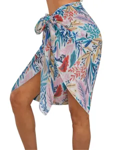 Tropischer Blätterdruck Strand Sarong Wickelrock Detail, leichter Chiffon Bikini Überwurf.