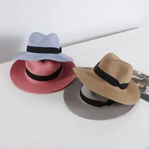 Sombrero de paja tejido clásico con cinta negra verano playa moda fedora gorro