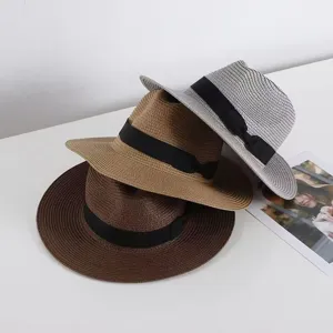 Sombrero de paja de verano para hombre y mujer, fedora clásico con cinta negra para playa.