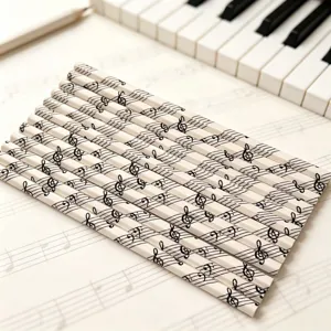 Detailed close-up of musical note pencils with treble clef pattern on sheet music background.