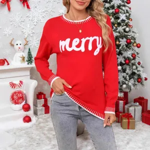 Donna maglione natalizio rosso lavorato a maglia con stampa lettere merry top manica lunga