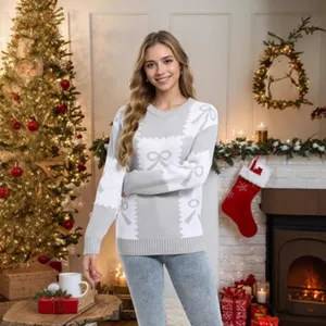 Donna maglione lavorato a maglia girocollo casual manica lunga grigio bianco top moda