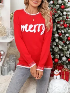 Donna Natale Rosso Maglione Lavorato A Maglia Maniche Lunghe Collo Top Inverno