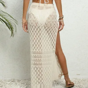 Falda de playa de ganchillo beige, falda larga sexy calada con abertura alta para mujer.