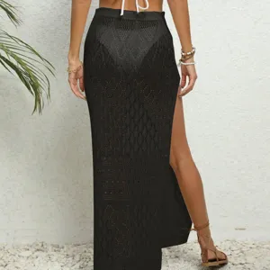 Falda de playa negra sexy de punto con abertura alta para mujer moda de baño verano.