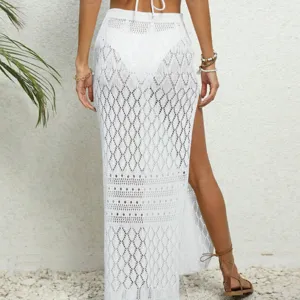 Falda larga de playa de punto de ganchillo blanco con abertura alta, pareo sexy.