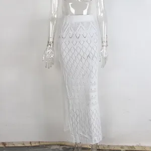 Falda de playa tejida blanca con abertura alta para mujer, falda larga sexy.