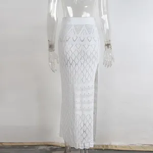 Falda larga blanca de punto crochet con abertura alta pareo de playa sexy para mujeres