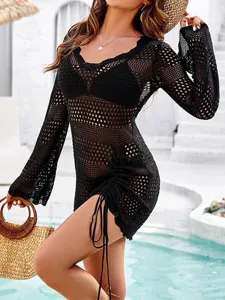 Zwarte gehaakte strandjurk dames lange mouw bikini cover up vakantie strandkleding