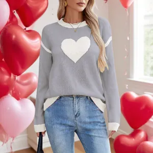 Donna Maglione Lavorato a Maglia Cuore Collo Rotondo Manica Lunga Autunno Inverno Top