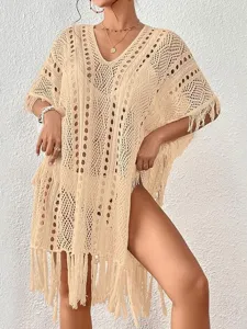Beige Pλεκτό Φόρεμα Παραλίας V-Neck Διχτυωτό Κρόσσια Καλοκαιρινό Μαγιό Κάλυψη