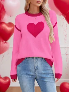 Maglione Lavorato a Maglia con Cuore Colorblock Manica Lunga Girocollo Casual Donna Vestibilità Slim Top Corti Abbigliamento San Valentino