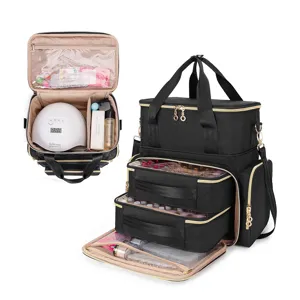 Multi-layer nail polish storage bag detail view, black cosmetic organizer with compartments.