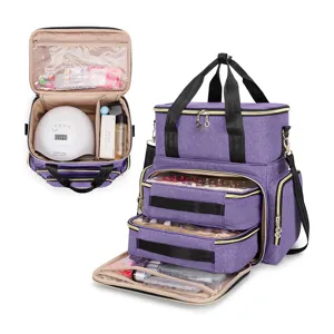 Multi-layer nail polish organizer bag with large capacity, compartments, and adjustable strap.