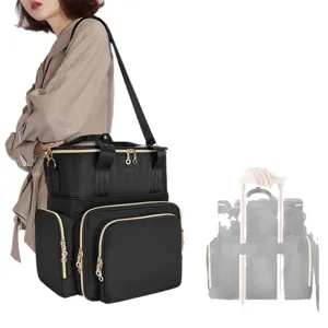Detail shot showing the large capacity double layer nail polish organizer bag with luggage strap.