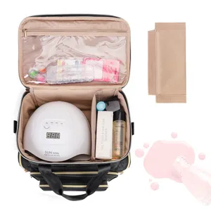 Double layer nail polish storage bag organizer with detachable pouches for professional cosmetic tools.