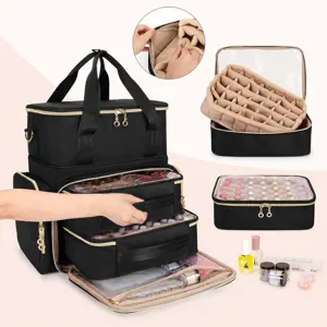 Double layer nail polish storage bag detail showing removable compartments clear window.