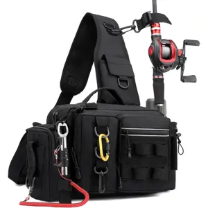 Multifunktionale Angeltasche, Schulter-Brust-Hürtasche mit Rutenhalter und Zubehörausrüstung.