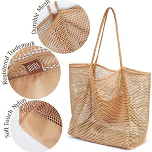 Mesh beach bag shoulder tote women large capacity travel handbag for swimming pool.