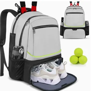 Large capacity sports backpack with shoe compartment and side pockets for tennis gear travel fitness.