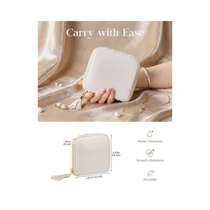 Boîte de rangement de bijoux de voyage portable avec fermeture éclair, étui en cuir PU.