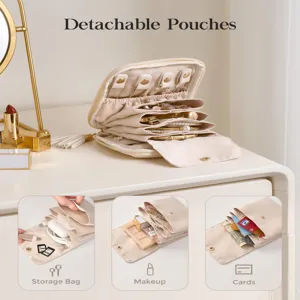 Sac organiseur de bijoux de voyage avec poches amovibles et plusieurs compartiments de rangement.