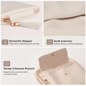 Vue détaillée de la pochette à bijoux de voyage blanche avec fermeture éclair et doublure.