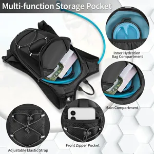 Mochila de hidratación para ciclismo multifuncional con compartimento principal y correas.
