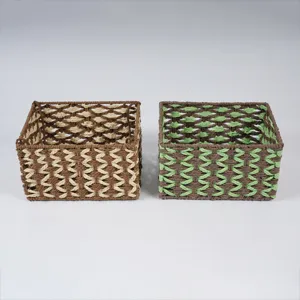 Handmade square woven storage basket desktop organizer for keys and cosmetics set detail view