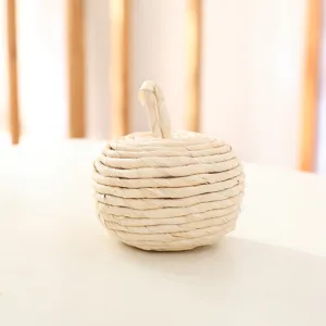 Handmade straw woven pumpkin ornament detail shot, perfect for home harvest festival and Christmas decor.