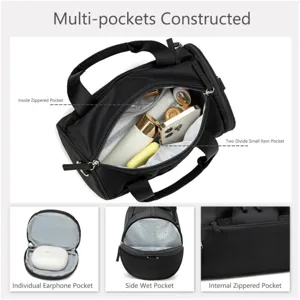 Sac de sport noir multi-poches, grand sac de voyage fitness avec compartiment étanche.
