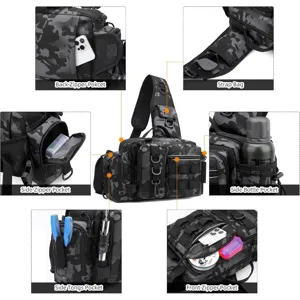 Multifunktionale taktische Angeltasche Sling Bag mit mehreren Taschen und Tarnmuster.