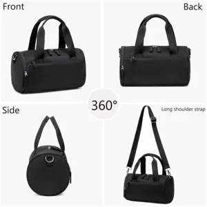 Sac de sport cylindrique noir avec bandoulière, idéal pour le voyage, le fitness et les trajets.