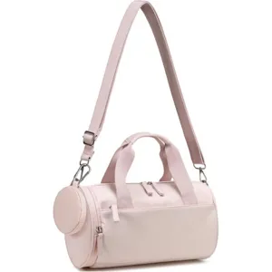 Sac de sport cylindrique rose avec bandoulière, grand sac de voyage pour fitness et loisirs.