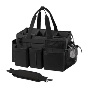 Bolsa de limpieza multifuncional negra con múltiples bolsillos y correa de hombro.