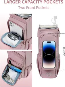 Detail view of pink water bottle pouch featuring double front pockets and pocket sizes.