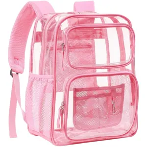Rosa transparenter PVC Rucksack Detailansicht, grosser wasserdichter Schulranzen mit Fächern.