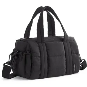 Black quilted nylon puffer tote bag featuring comfortable top handles and adjustable strap.