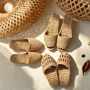 Summer Breathable Straw Woven Slippers Unisex Casual Indoor Home Open Toe Closed Toe Flat Slippers Anti Slip Shoes