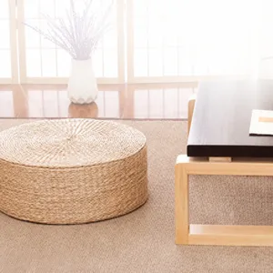 Detailed view of handwoven straw floor cushion for tatami seating and daily meditation.