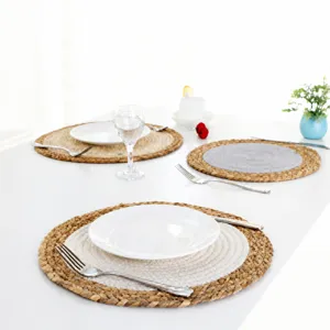 Handmade natural woven placemat detail shot for dining table decor and heat insulation pad