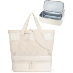 Beige mesh beach tote bag with insulated cooler bottom compartment large capacity zipper pockets.