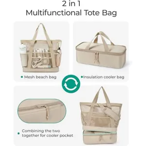 Detailed view of the 2-in-1 multi-functional mesh beach tote and insulated cooler bag.