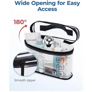 Clear travel toiletry bag with wide 180-degree opening and smooth zipper for daily use.