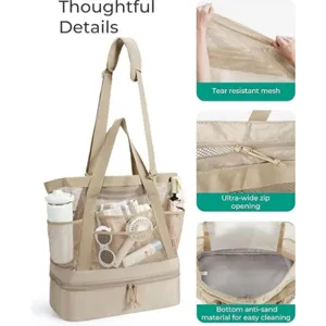 Large mesh beach tote bag with cooler compartment and zipper pockets for travel swimming sports.